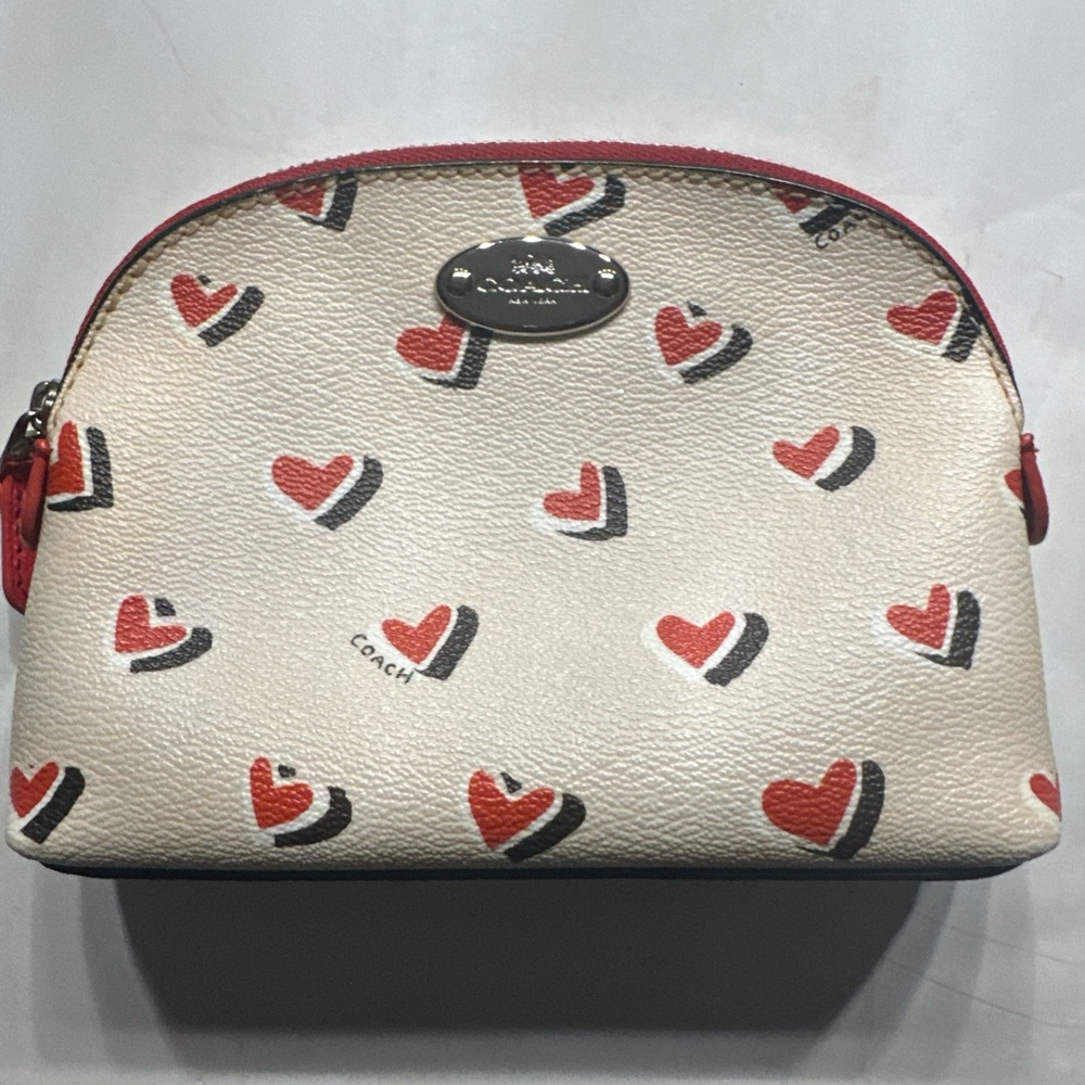 Coach Cream and Red Heart Print Cosmetic Bag